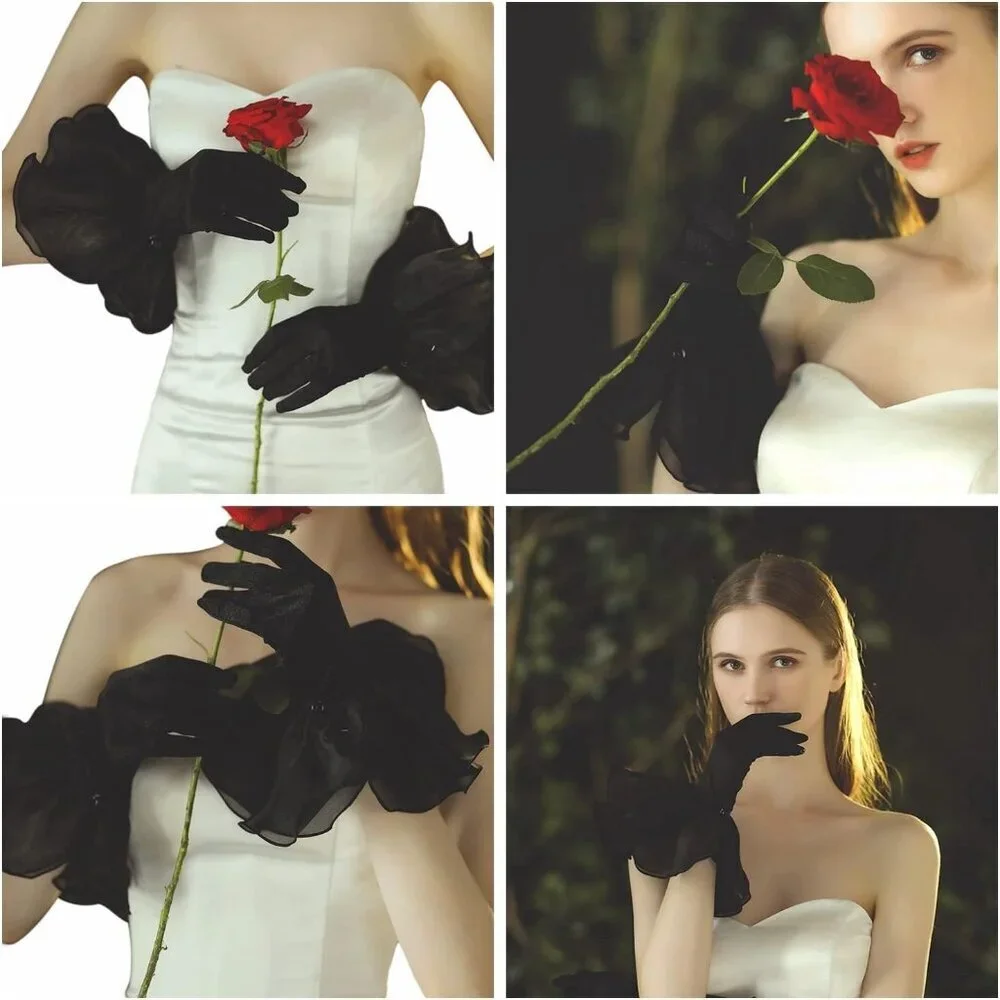 Women's Fancy Satin Petal Black Gloves Wedding Dress Formal Party Cosplay